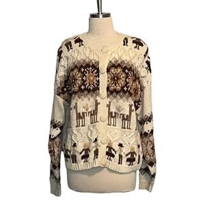 Red Camel Llama Novelty Cardigan Sweater Womens Large Cream Brown Vintage Ramie‎